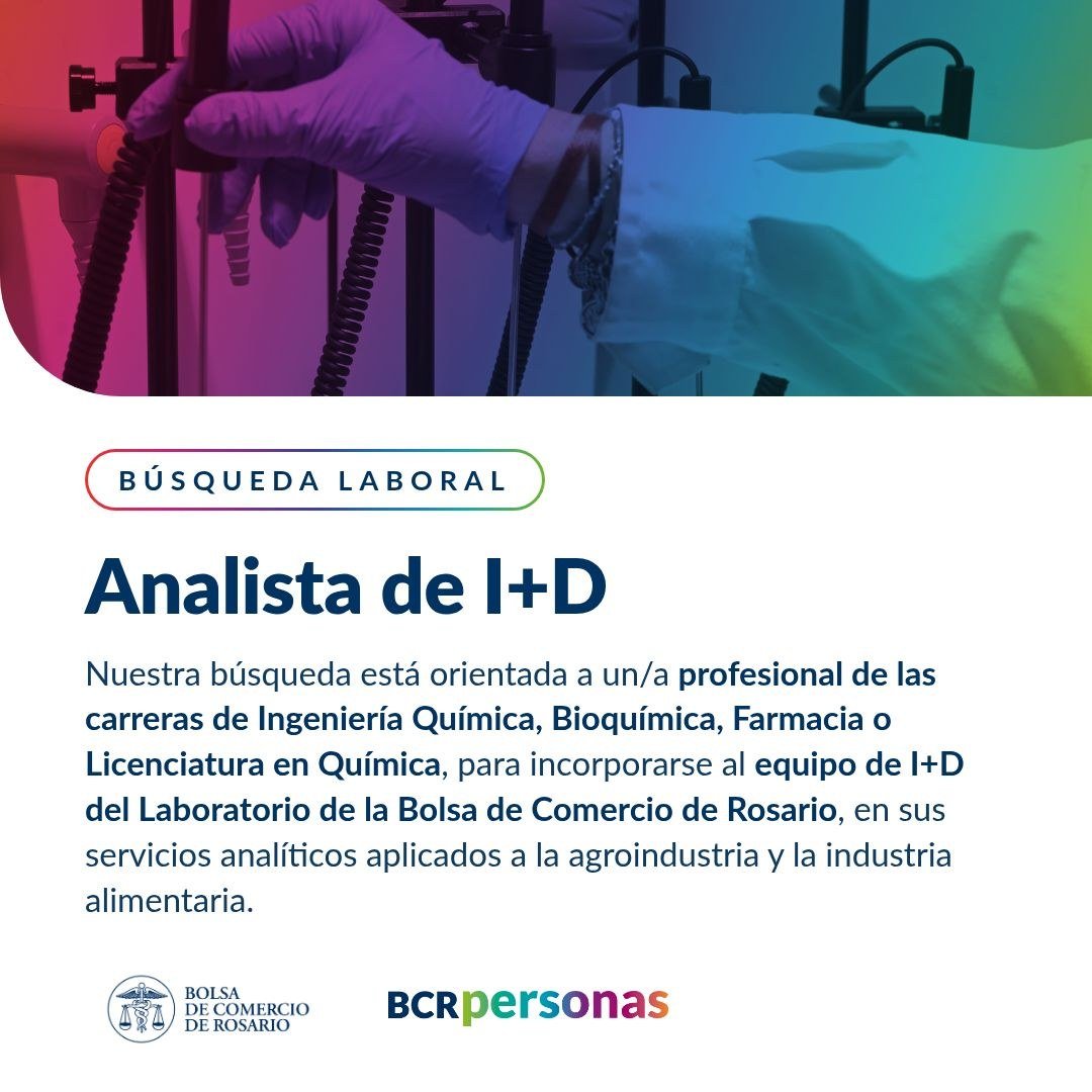 Placa de la búsqueda laboral de Analista de I+D de la Bolsa de Comercio de Rosario