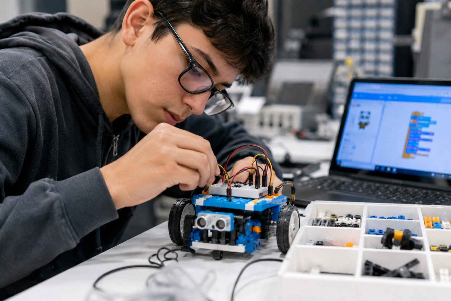 Estudiante arma un robot con kit Rasti Oki 2 en el Polo Tecnológico Rosario