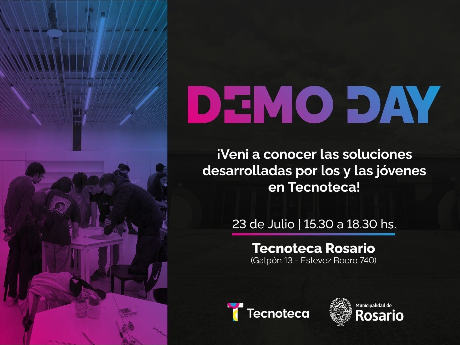 Placa del Demo Day 2026 con fecha 23 de julio de 15.30 a 18.30 en Tecnoteca Rosario