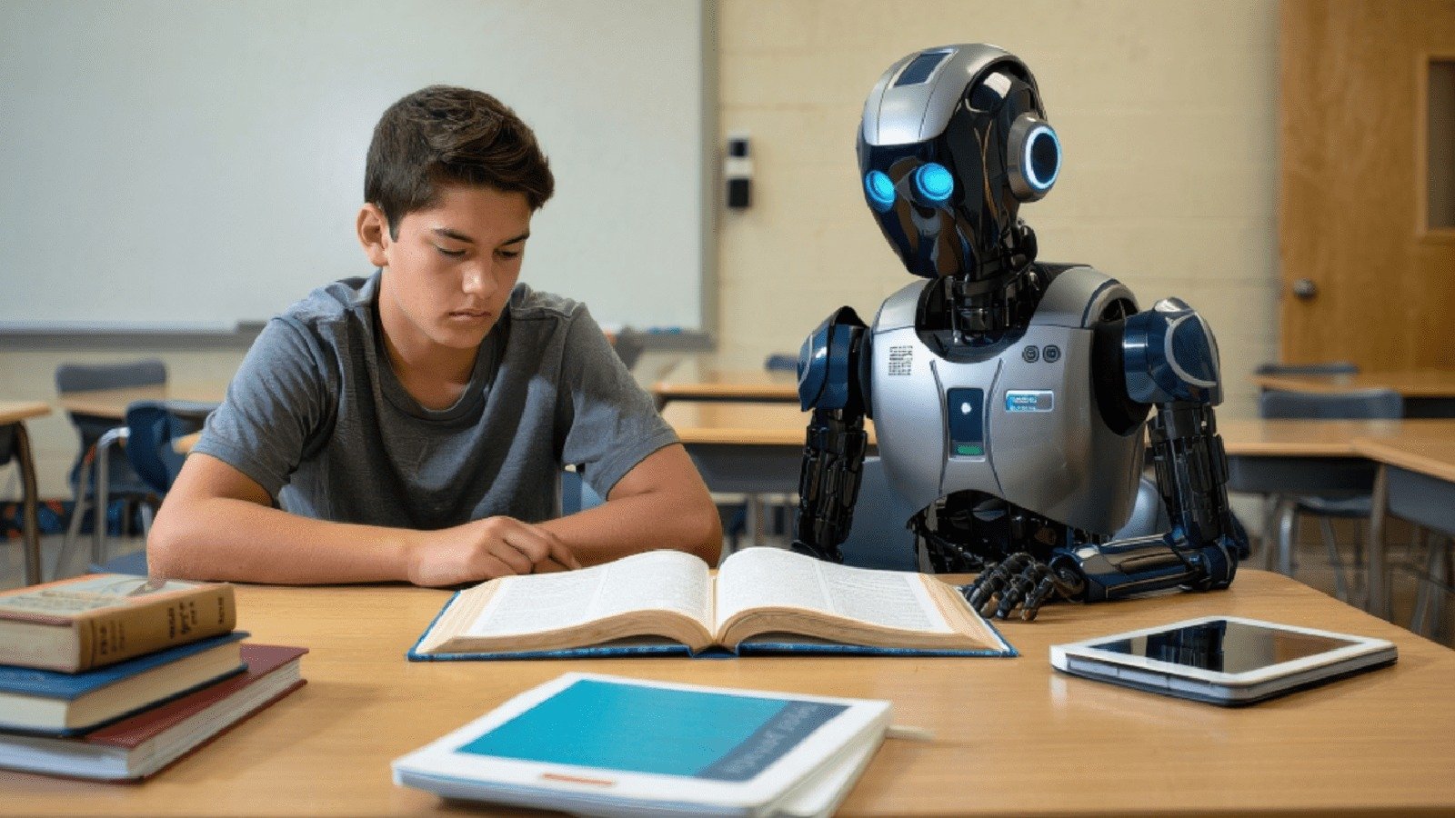 Docente en un aula frente a una pantalla sobre inteligencia artificial
