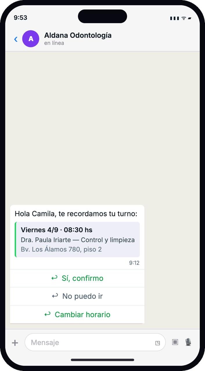Recordatorio de turno automatizado de LIDIA en WhatsApp, con opciones de confirmar, cancelar o reprogramar